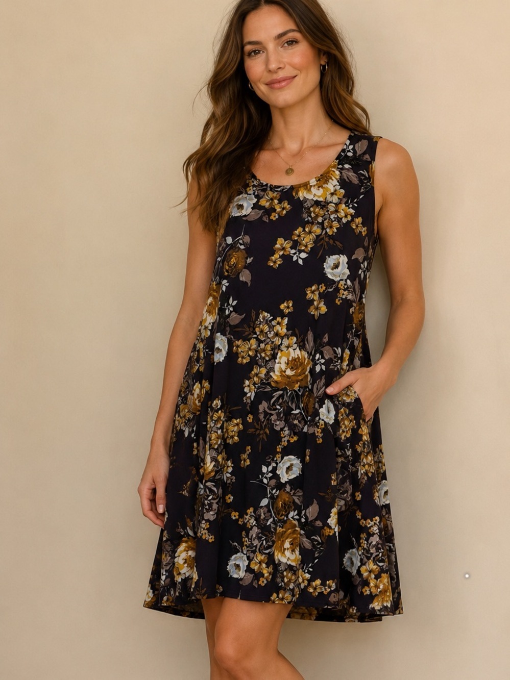 Karen Kane Black Floral Sleeveless Swing Dress with Pockets